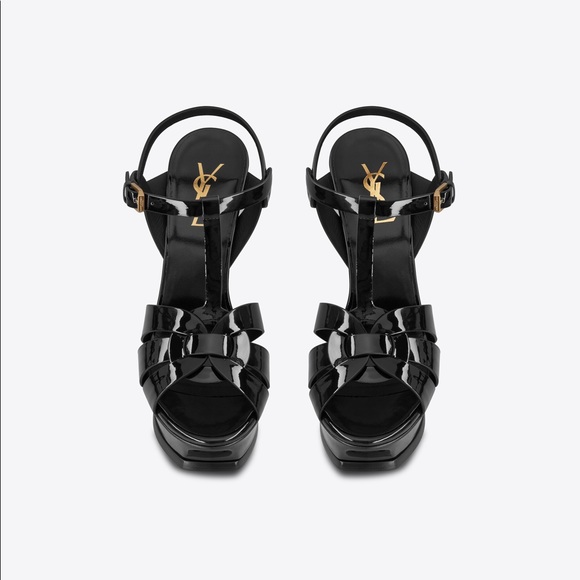 SAINT LAURENT Tribute Platform Sandals 105mm, Black Patent Leather,Sz 41EU(11US) - Picture 1 of 17